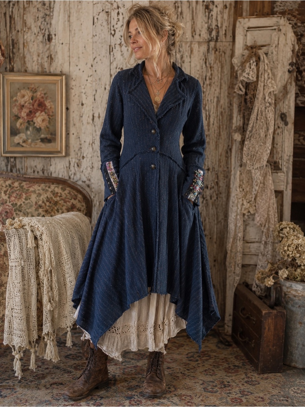 Bohemian Navy High-Low Button Front Dress with Embroidered Cuffs